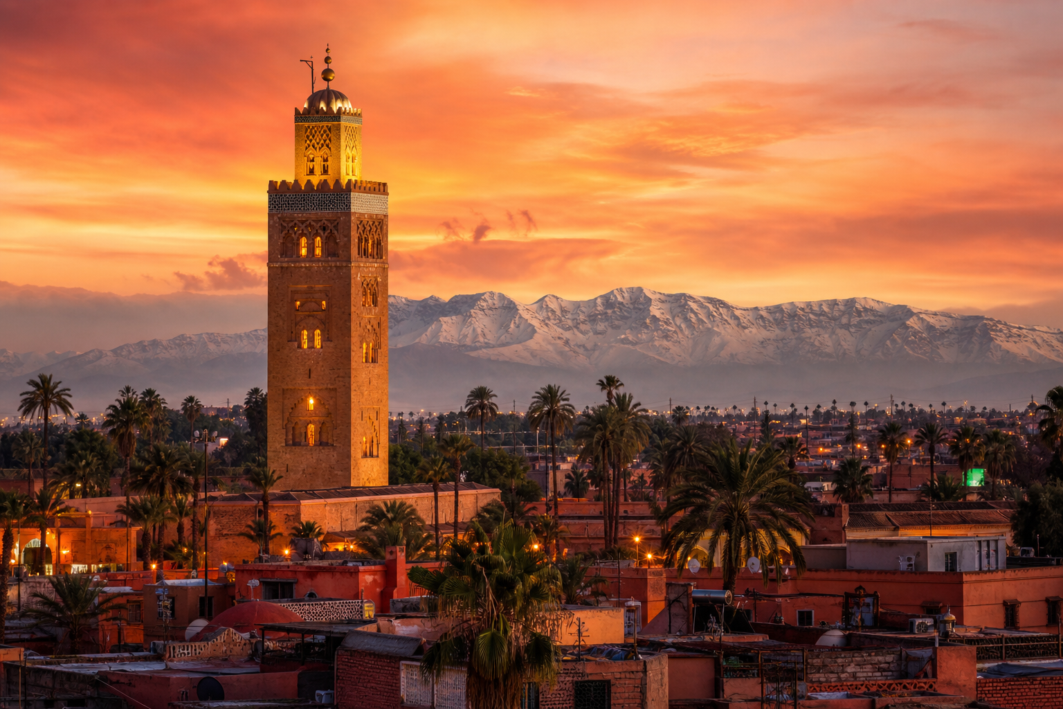 La Koutoubia et les toits de Marrakech au coucher du soleil, face à l'Atlas enneigé